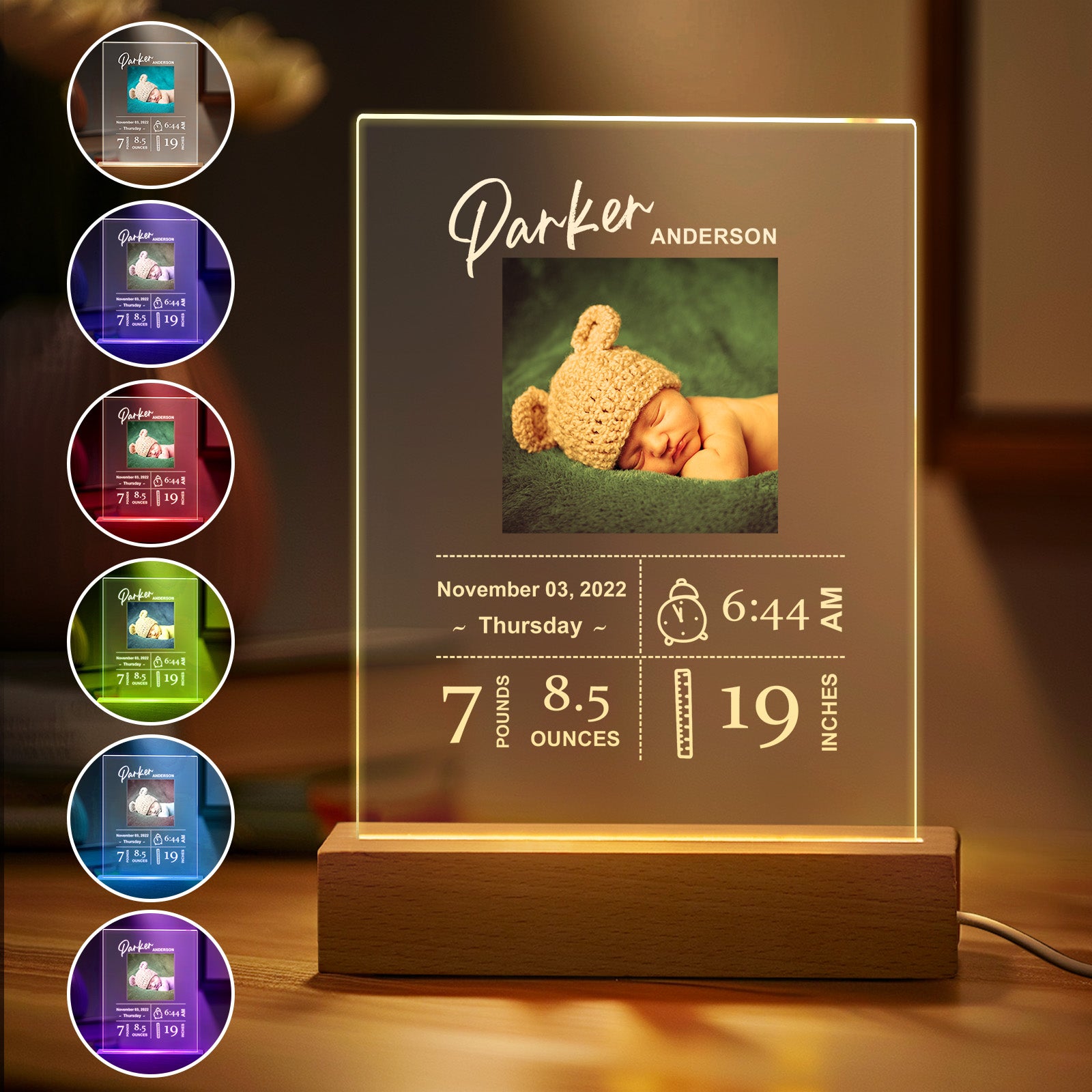 Custom Baby Birth Info Photo Acrylic Night Light