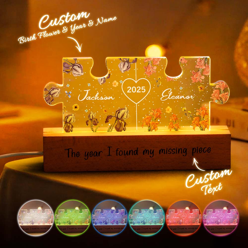 Personalized Couple Puzzle Birth Flower LED Night Light