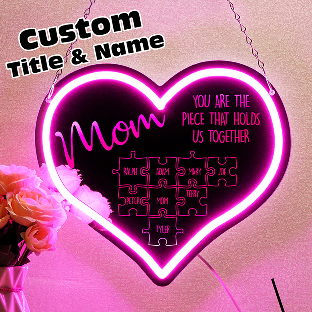 Mom Puzzle Piece Neon Mirror Light