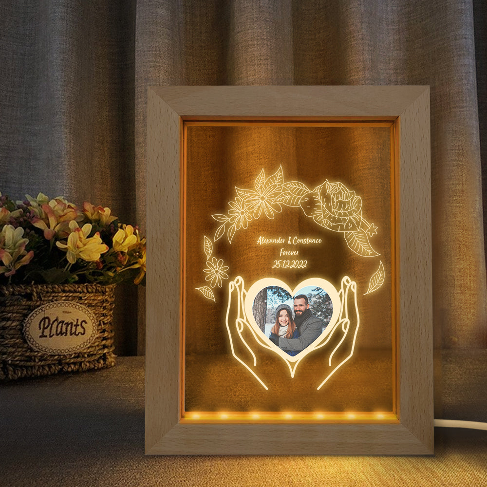 Personalized Night Light with Photo 3D Flower Wooden Frame