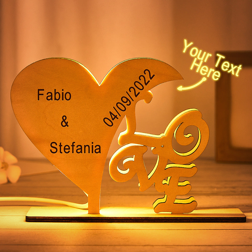 Custom Engraved Heart-shaped Wooden Night Light