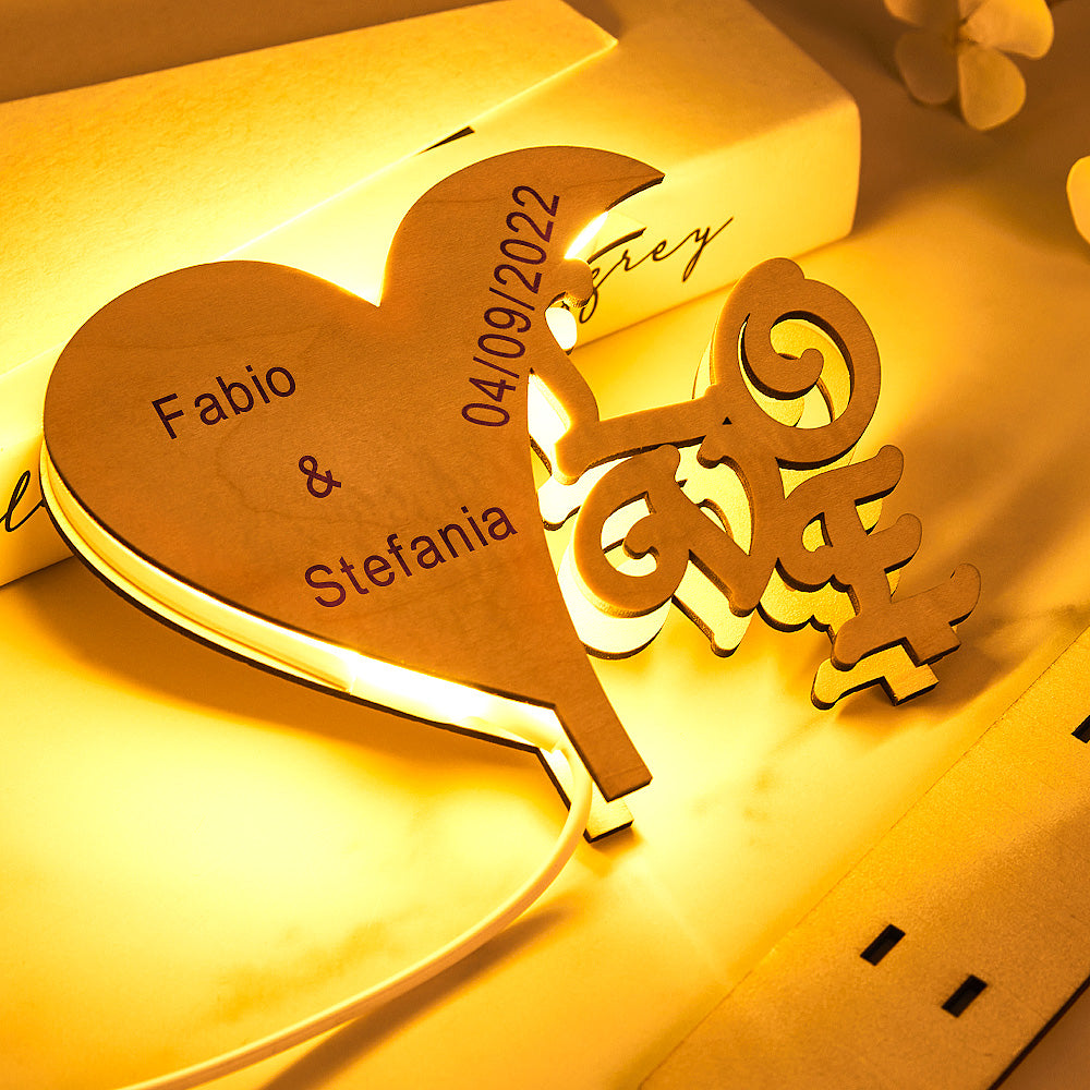Custom Engraved Heart-shaped Wooden Night Light