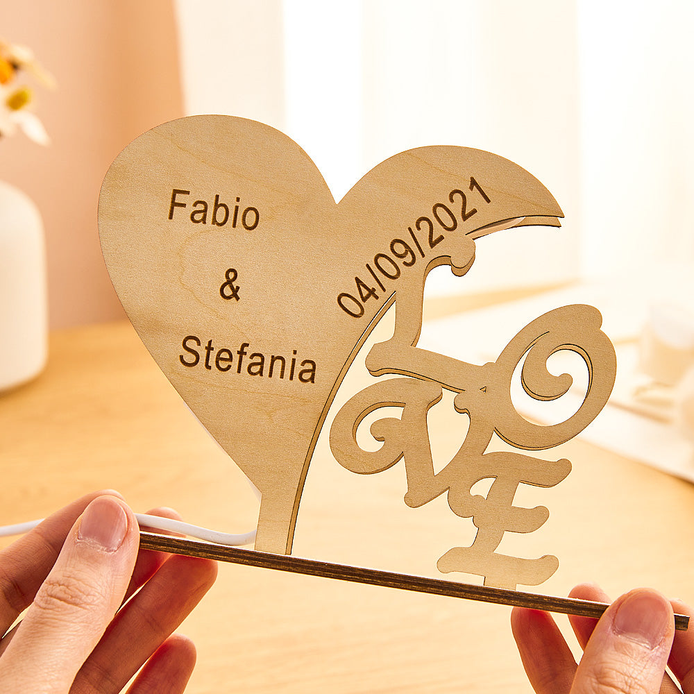 Custom Engraved Heart-shaped Wooden Night Light