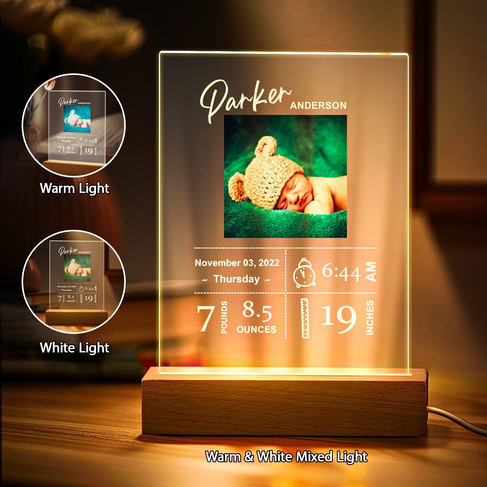 Custom Baby Birth Info Photo Acrylic Night Light